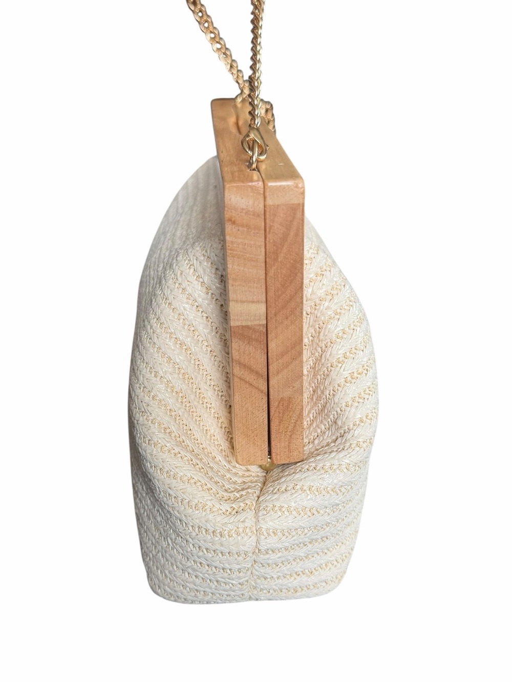 Haute Hippie Wood Frame Cream Woven Clutch Gold Chain Shoulder Bag Neutral Boho - Picture 2 of 11